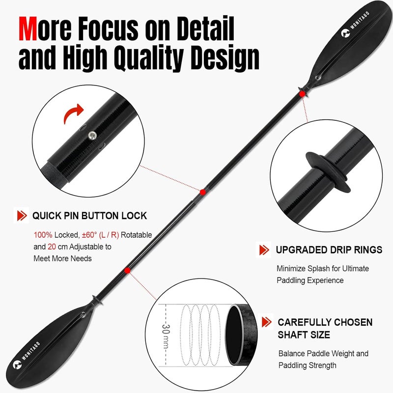 WONITAGO Kayak Paddles with Fiberglass Shaft and Reinforced PP Blade, Floating Adjustable Kayaking Oars, 3 Piece, 220-240 cm/86-94 Inches, 240-260 cm/94-102 Inches - Image 4